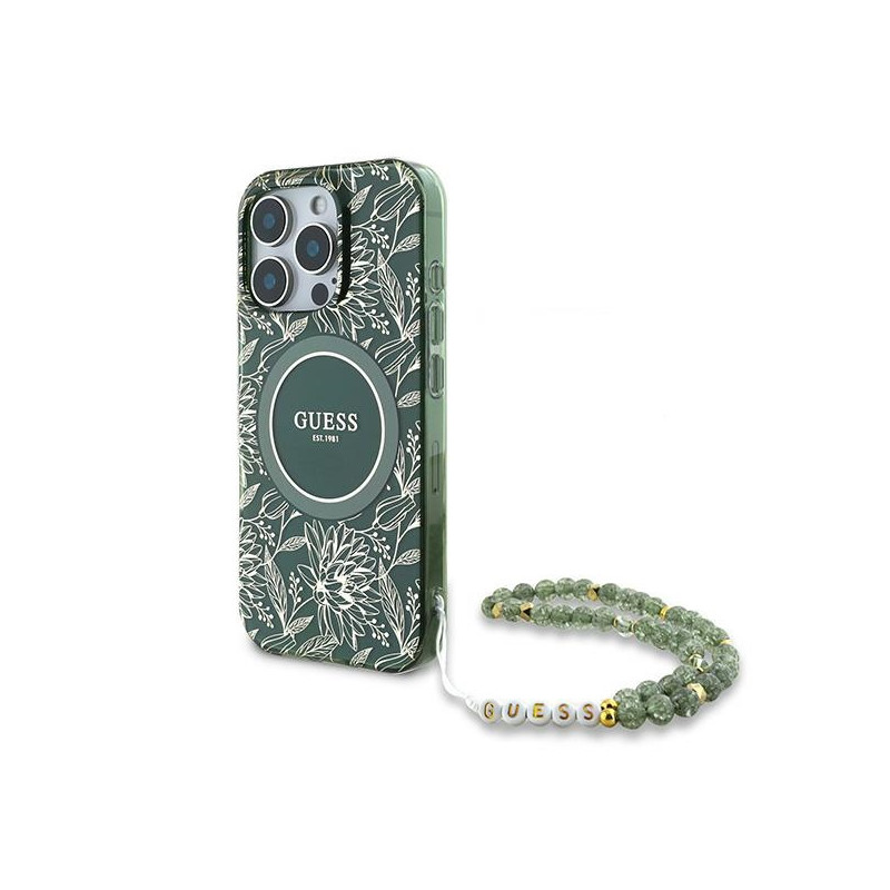 Guess IML Flowers Allover Electro su perlamutriniu dirželiu MagSafe dėklas, skirtas iPhone 16 Pro - žalias