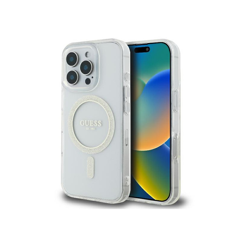 Guess GUHMP16LHFGERET iPhone 16 Pro 6,3" permatomas kietas dėklas IML Glitter Circle MagSafe