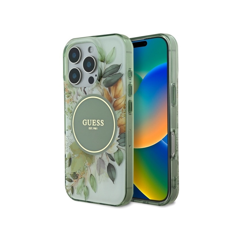 Guess IML Flower & Tonal Circle MagSafe dėklas iPhone 16 Pro - žalias