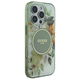 Guess IML Flower & Tonal Circle MagSafe dėklas iPhone 16 Pro - žalias