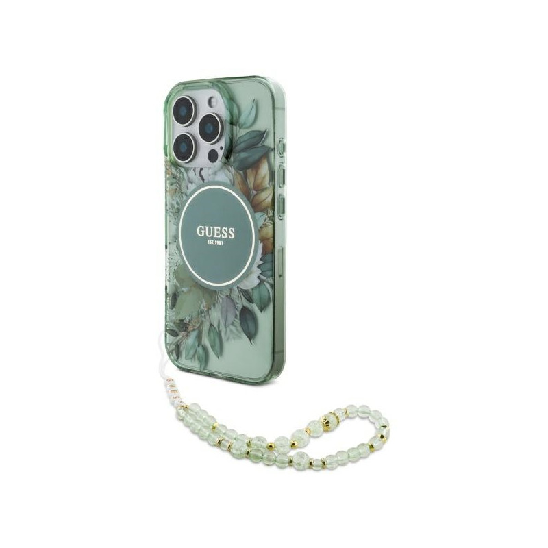 Guess IML Flowers With Pearl Strap MagSafe dėklas iPhone 16 Pro - žalias