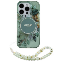 Guess IML Flowers With Pearl Strap MagSafe dėklas iPhone 16 Pro - žalias