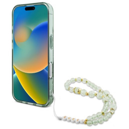 Guess IML Flowers With Pearl Strap MagSafe dėklas iPhone 16 Pro - žalias
