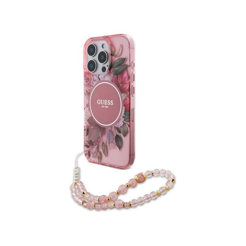 Guess IML Flowers With Pearl Strap MagSafe dėklas iPhone 16 Pro - rožinis