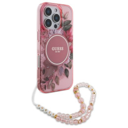Guess IML Flowers With Pearl Strap MagSafe dėklas iPhone 16 Pro - rožinis