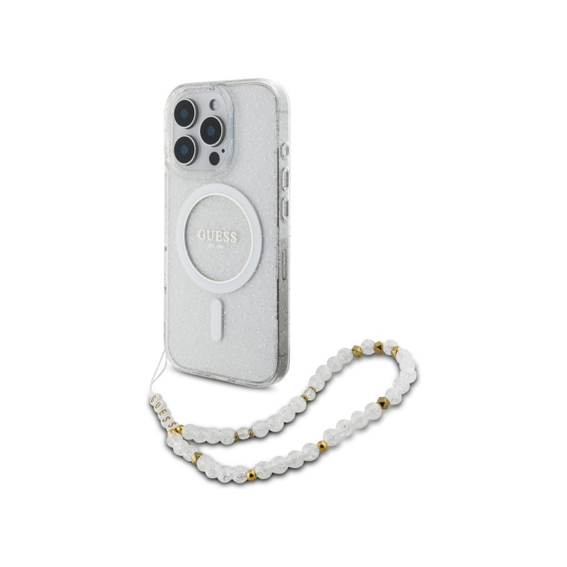 Guess IML Glitter With Pearl Strap MagSafe dėklas skirtas iPhone 16 Pro - skaidrus