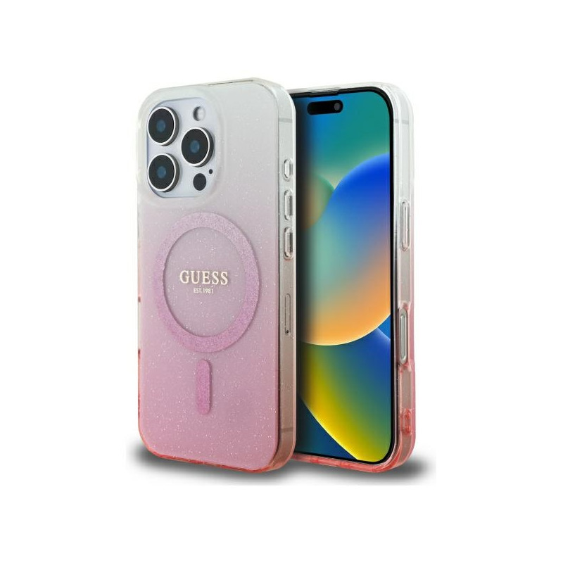 Guess IML Glitter Gradient MagSafe dėklas iPhone 16 Pro - rožinis