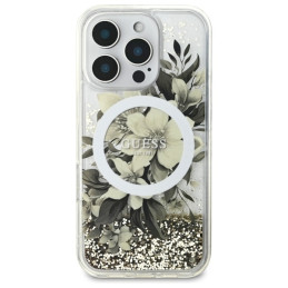 Guess Liquid Glitter Flower MagSafe dėklas iPhone 16 Pro - smėlio spalvos