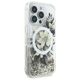 Guess Liquid Glitter Flower MagSafe dėklas iPhone 16 Pro - smėlio spalvos