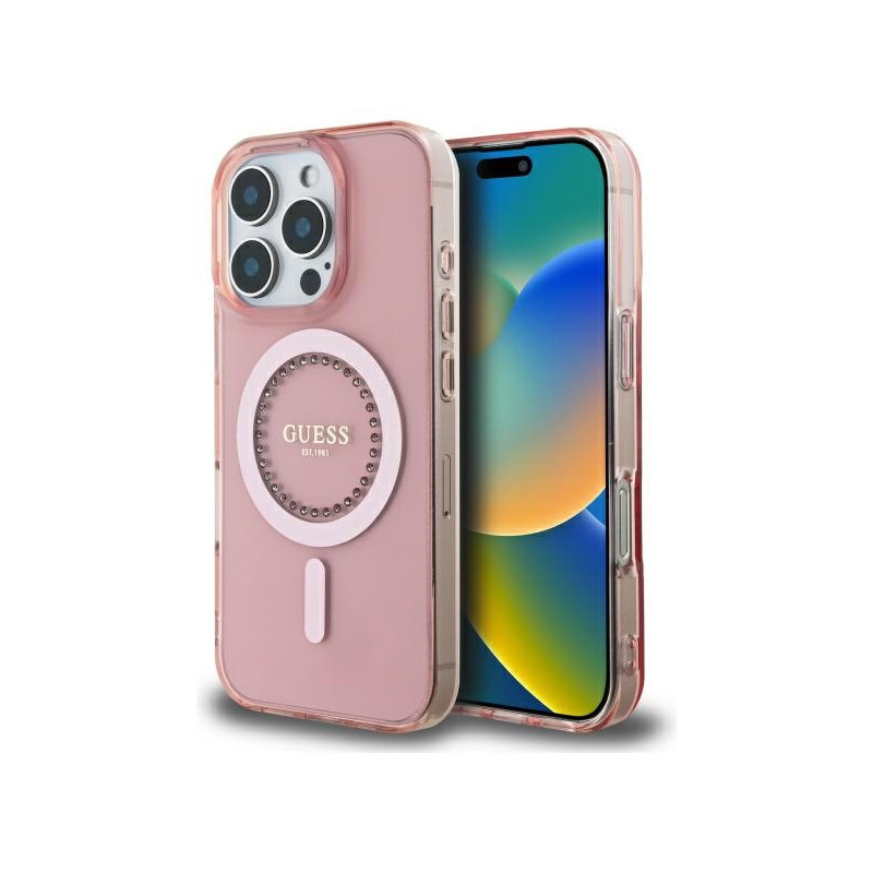 Guess IML Rhinestones MagSafe dėklas iPhone 16 Pro - rožinis