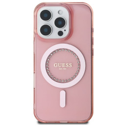 Guess IML Rhinestones MagSafe dėklas iPhone 16 Pro - rožinis