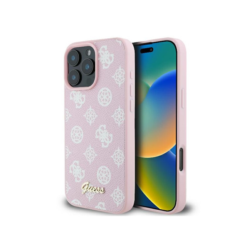 Guess Peony Script Logo MagSafe dėklas iPhone 16 Pro - rožinis