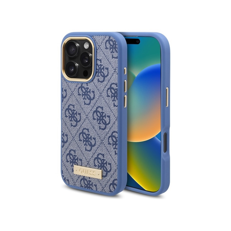 Guess 4G Logo Plate MagSafe dėklas iPhone 16 Pro - mėlynas