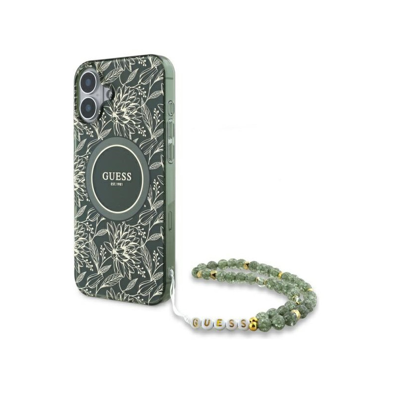 Guess IML Flowers Allover Electro su Pearl Strap MagSafe dėklu iPhone 16 Plus - žalias