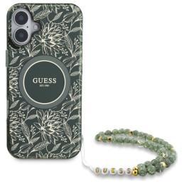 Guess IML Flowers Allover Electro su Pearl Strap MagSafe dėklu iPhone 16 Plus - žalias