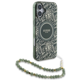 Guess IML Flowers Allover Electro su Pearl Strap MagSafe dėklu iPhone 16 Plus - žalias