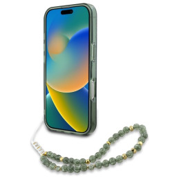 Guess IML Flowers Allover Electro su Pearl Strap MagSafe dėklu iPhone 16 Plus - žalias