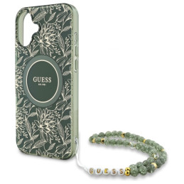 Guess IML Flowers Allover Electro su Pearl Strap MagSafe dėklu iPhone 16 Plus - žalias