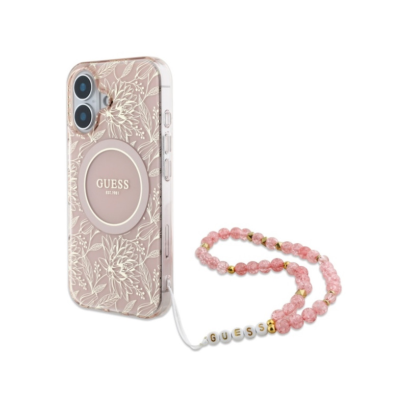 Guess IML Flowers Allover Electro su perlamutriniu dirželiu MagSafe dėklas, skirtas iPhone 16 Plus - rožinis