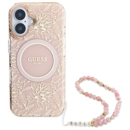 Guess IML Flowers Allover Electro su perlamutriniu dirželiu MagSafe dėklas, skirtas iPhone 16 Plus - rožinis