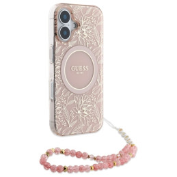 Guess IML Flowers Allover Electro su perlamutriniu dirželiu MagSafe dėklas, skirtas iPhone 16 Plus - rožinis