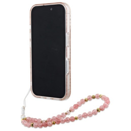 Guess IML Flowers Allover Electro su perlamutriniu dirželiu MagSafe dėklas, skirtas iPhone 16 Plus - rožinis