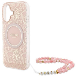 Guess IML Flowers Allover Electro su perlamutriniu dirželiu MagSafe dėklas, skirtas iPhone 16 Plus - rožinis