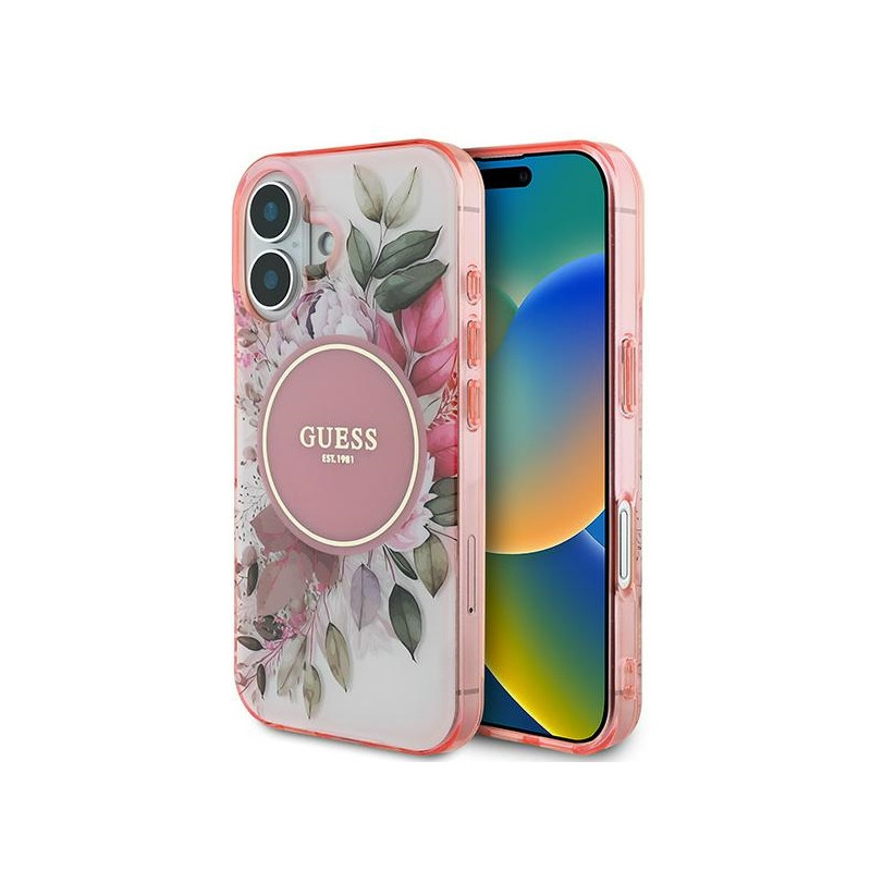 Guess IML Flower & Tonal Circle MagSafe dėklas iPhone 16 Plus - rožinis