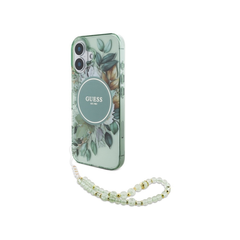 Guess IML Flowers With Pearl Strap MagSafe dėklas iPhone 16 Plus - žalias
