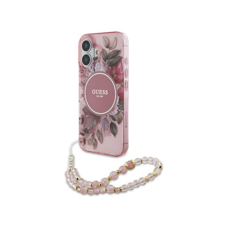 Guess IML Flowers With Pearl Strap MagSafe dėklas iPhone 16 Plus - rožinis