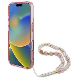 Guess IML Flowers With Pearl Strap MagSafe dėklas iPhone 16 Plus - rožinis