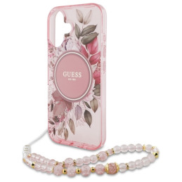 Guess IML Flowers With Pearl Strap MagSafe dėklas iPhone 16 Plus - rožinis