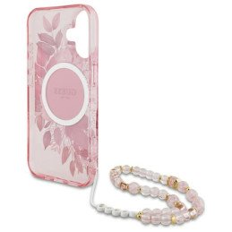 Guess IML Flowers With Pearl Strap MagSafe dėklas iPhone 16 Plus - rožinis