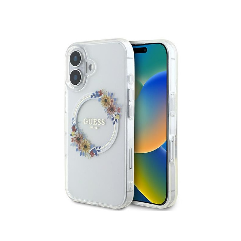Guess IML Flowers Wreath MagSafe dėklas iPhone 16 Plus - skaidrus