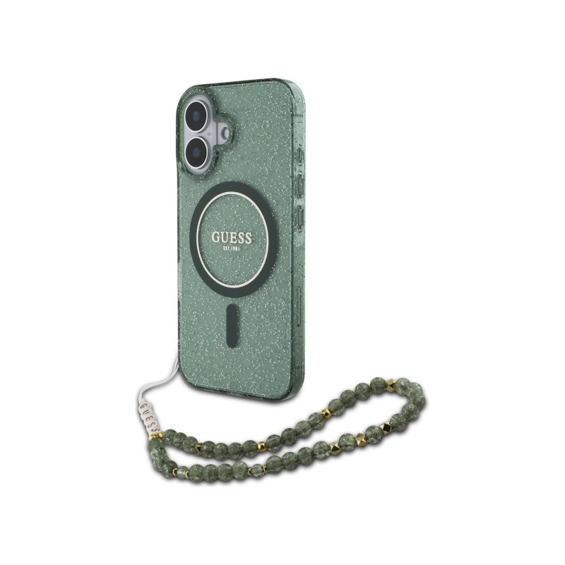 Guess IML Glitter With Pearl Strap MagSafe dėklas iPhone 16 Plus - žalias