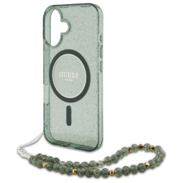 Guess IML Glitter With Pearl Strap MagSafe dėklas iPhone 16 Plus - žalias