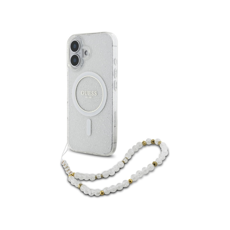 Guess IML Glitter With Pearl Strap MagSafe dėklas skirtas iPhone 16 Plus - skaidrus