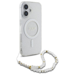 Guess IML Glitter With Pearl Strap MagSafe dėklas skirtas iPhone 16 Plus - skaidrus