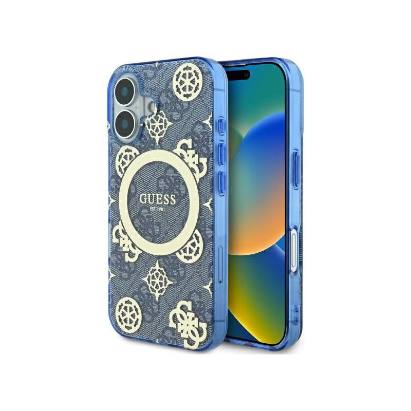 Guess IML Peony On 4G Background MagSafe dėklas iPhone 16 - mėlynas