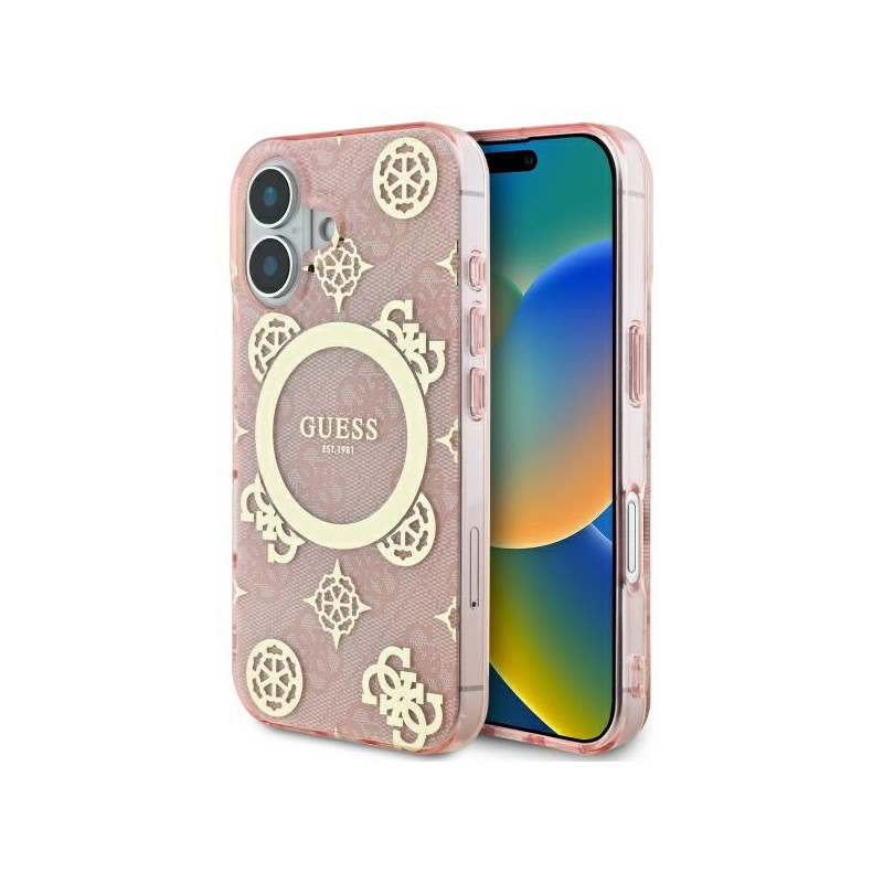 Guess IML Peony On 4G Background MagSafe dėklas iPhone 16 - rožinis
