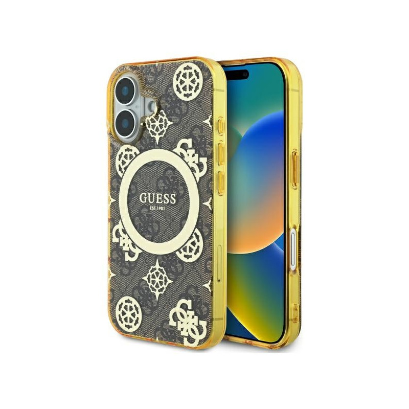 Guess IML Peony On 4G Background MagSafe dėklas iPhone 16 - rudas