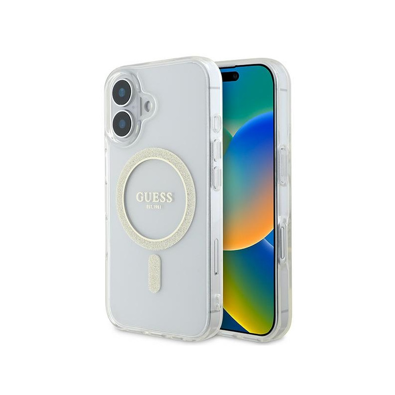 Guess IML Glitter Circle MagSafe dėklas iPhone 16 - skaidrus