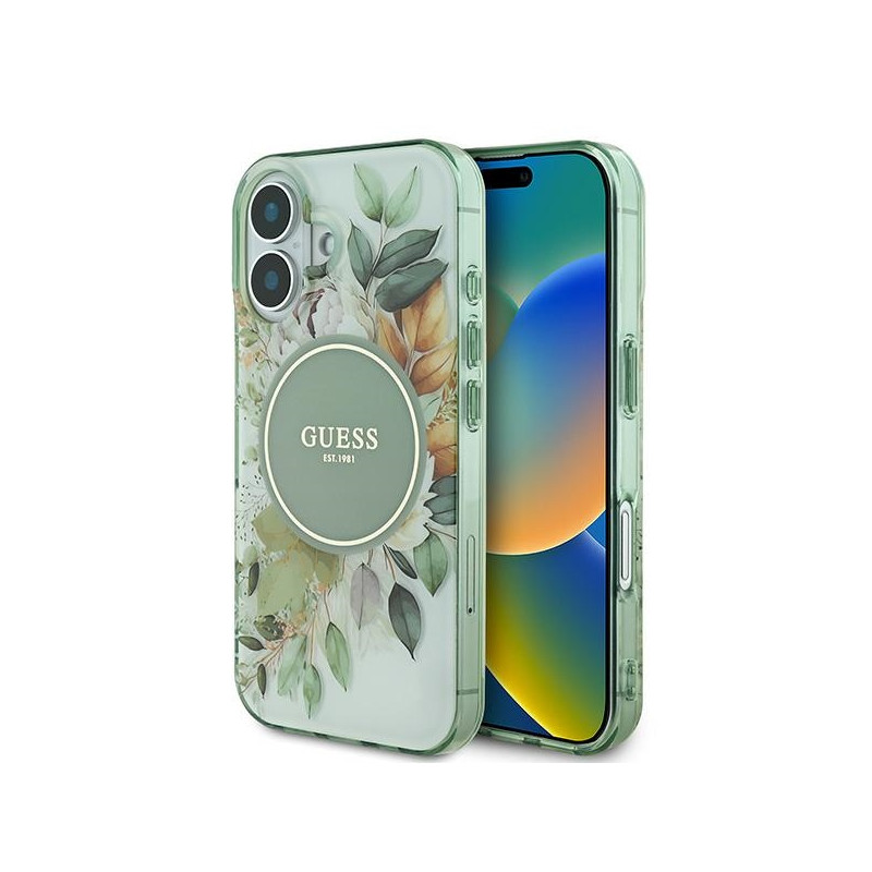Guess IML Flower & Tonal Circle MagSafe dėklas iPhone 16 - žalias