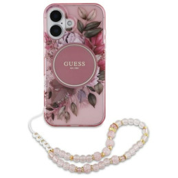 Guess IML Flowers With Pearl Strap MagSafe dėklas iPhone 16 - rožinis