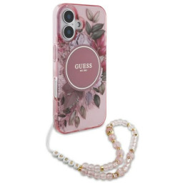 Guess IML Flowers With Pearl Strap MagSafe dėklas iPhone 16 - rožinis