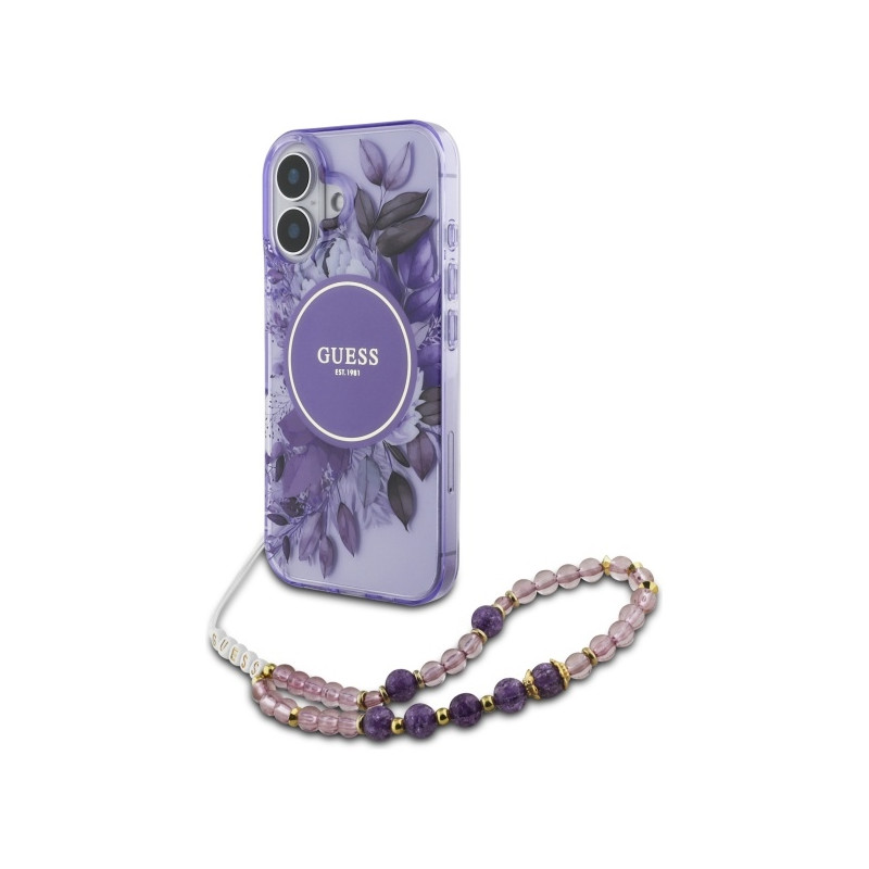 Guess IML Flowers With Pearl Strap MagSafe dėklas iPhone 16 - violetinis