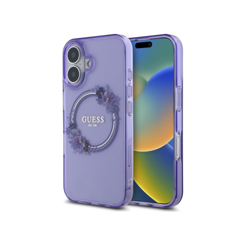 Guess IML Flowers Wreath MagSafe dėklas iPhone 16 - violetinis