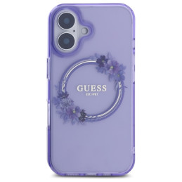 Guess IML Flowers Wreath MagSafe dėklas iPhone 16 - violetinis