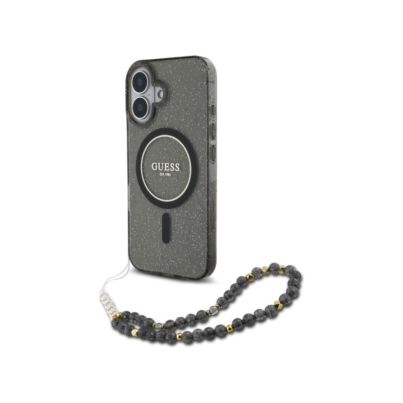 Guess IML Glitter With Pearl Strap MagSafe dėklas iPhone 16 - juodas