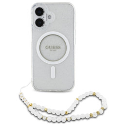 Guess IML Glitter With Pearl Strap MagSafe dėklas iPhone 16 - skaidrus